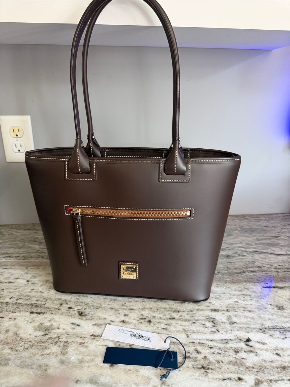 Dooney & Bourke Quincy Zip Tote Brown Leather Tote with Gold-Tone Accents